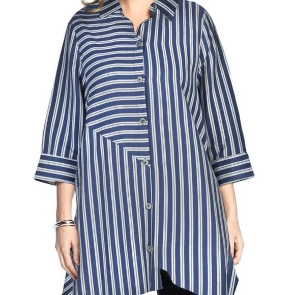 Blue & White Stripe Asymmetrical Button-Up - Picture 1 of 8